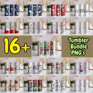 May include: A collection of 16+ cylindrical tumblers featuring various Snoopy and Peanuts character graphic designs. Each tumbler includes a white straw and displays colourful illustrations of Snoopy, Charlie Brown, and friends in different scenes.