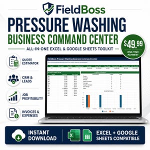 May include: A digital FieldBoss Pressure Washing Business Command Centre toolkit for Excel and Google Sheets. The display shows a laptop screen with business metrics, charts, and tables. Icons represent quote estimation, CRM, job profitability, and invoices.