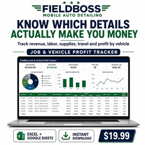 Mobile Auto Detailing Job and Vehicle Profit Tracker | Job Cost, Profit Margin and Vehicle Analysis Spreadsheet | Excel & Google Sheets