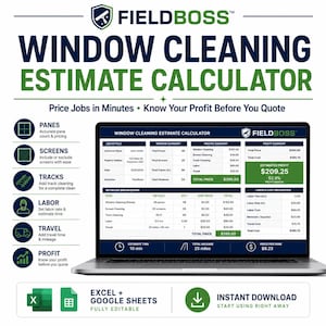 Pode incluir: Um computador portátil exibindo uma planilha FieldBoss para orçamentos de limpeza de vidros. A tela mostra detalhes do trabalho, resumos de preços, margens de lucro e custos. Ícones à esquerda listam vidros, telas, trilhos, mão de obra, viagens e lucros.