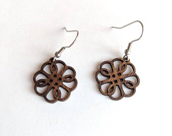 Wood Flower Earrings - Wood Earrings - Walnut Wood Earrings - Walnut Flower Earrings