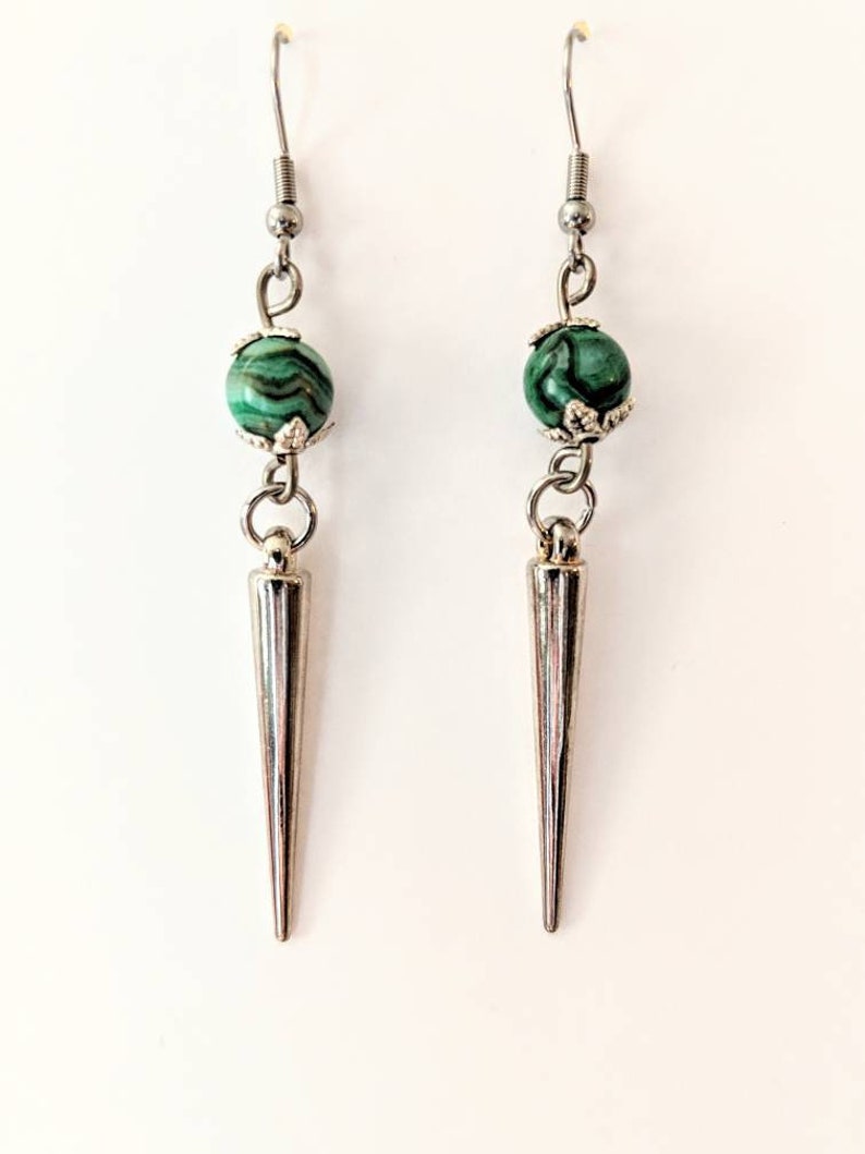 Silver Spike Earrings Gemstone Earrings Spike Dangle Earrings Spike Earrings Green Agate Earrings Agate Earrings