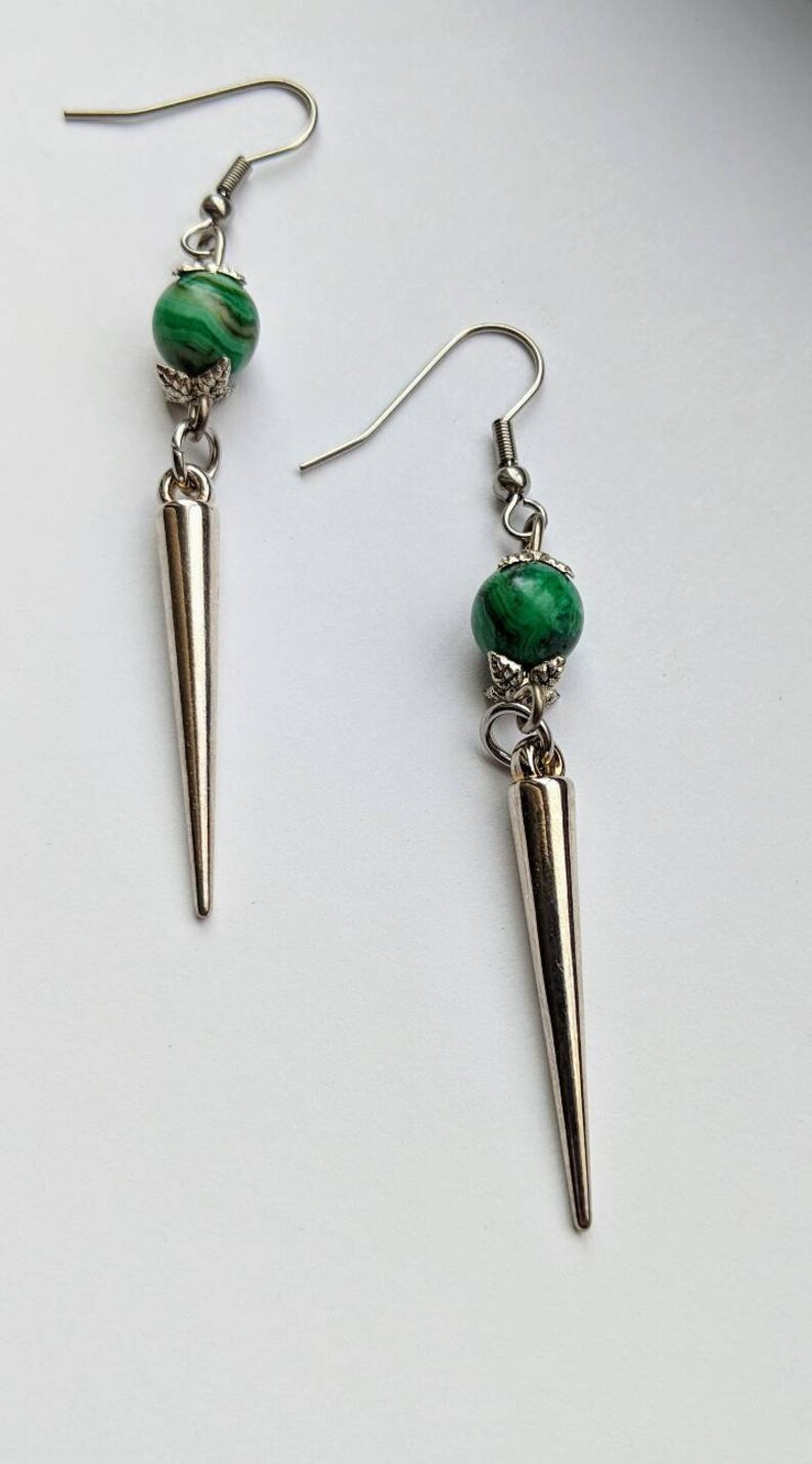Silver Spike Earrings Gemstone Earrings Spike Dangle Earrings Spike Earrings Green Agate Earrings Agate Earrings