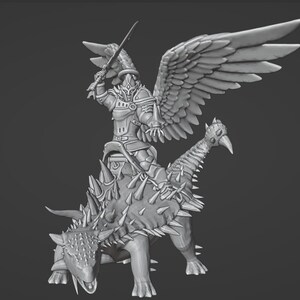 May include: A gray miniature figurine of a winged armored warrior riding a spiky ankylosaurus-like creature. The warrior holds a sword raised in one hand, while the creature features a heavily armored back with numerous sharp, pointed spikes.