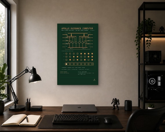 A detailed art print of the actual Apollo Guidance Computer circuit board — the hardware that literally took humans to the moon.