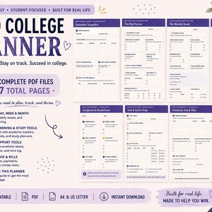 Könnte beinhalten: Ein digitales ADHD-College-Planer-Set mit 5 PDF-Dateien und insgesamt 17 Seiten. Das Layout enthält Abschnitte für Semesterübersichten, wöchentliche Resets, tägliche Spielpläne, Aufgabenaufschlüsselungen, Prüfungsvorbereitung sowie Finanz- und Rechnungsplanung.