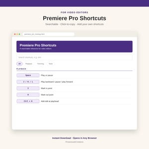 Puede incluir: Una interfaz digital para Premiere Pro Shortcuts con un encabezado morado que dice Premiere Pro Shortcuts, una barra de búsqueda y una lista de comandos de reproducción que incluyen Space, J/K/L, I, O y Ctrl+K para edición de video.