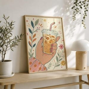 Iced Drink Hand Illustration, Floral Kitchen Wall Art, Colourful Summer Beverage Print