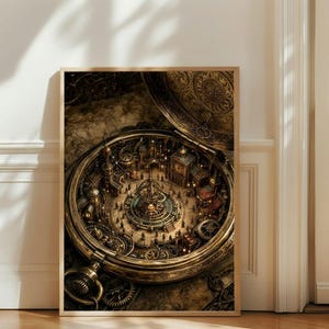 Peut inclure: Une impression d'art mural rectangulaire représentant une illustration détaillée d'une montre de poche ancienne ouverte. L'intérieur de la montre affiche une ville mécanique miniature complexe avec des engrenages et des bâtiments dorés.