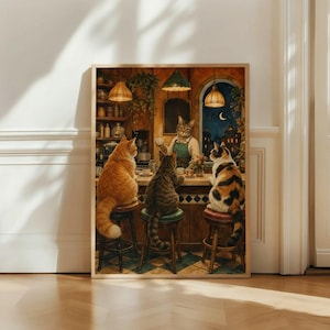 Väggkonst för kattcafé, vintage kattköksscen, nyckfullt djurkonstverk vid tetid
