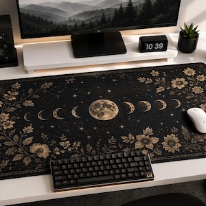 Tapete de mesa floral com fases da lua douradas | Mousepad com jardim lunar celestial