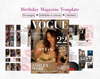 Plantilla editable de revista de cumpleaños en Canva. Revista de cumpleaños personalizada. Regalo para ella. Recuerdo digital imprimible. Descarga instantánea.