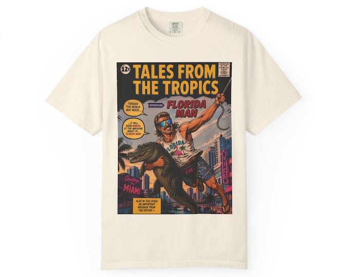 Featured listing image: Fantasy Florida Man Comic Cover T-Shirt | Vintage Miami Superhero Parody