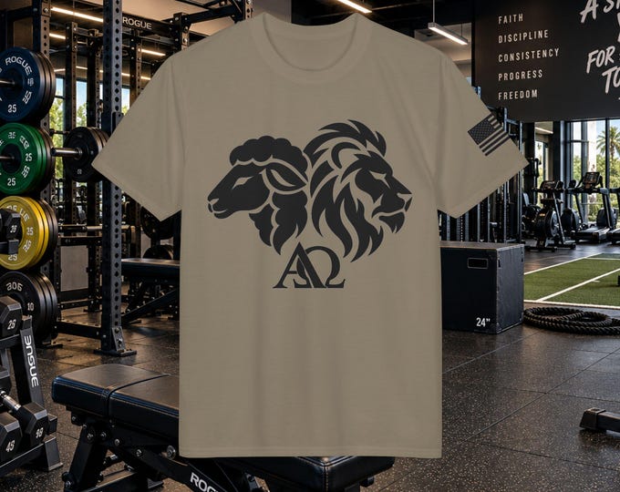Featured listing image: Alpha Omega Lion Sheep Crest Performance Tee | Revelation 1:8 Christian Tee