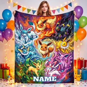 May include: A rectangular fleece blanket featuring a colorful digital illustration of eight Eevee evolution characters arranged in a circular pattern, with the word NAME printed in large white block letters at the bottom center.