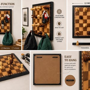 May include: A square wooden chess board wall organizer measuring 12 inches by 12 inches with a thickness of 1.2 inches. The board features a light and dark brown checkered pattern, black frame, and chess pieces acting as hooks for keys and hats.