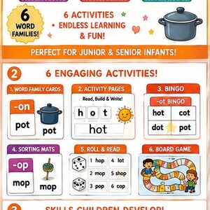 Op de afbeelding: Een educatieve poster Phonics Made Fun CVC Word Families Short O Bundle met een octopus, een pan en zes woordfamilie-boxen. Het bevat secties voor zes activiteiten, ontwikkelde vaardigheden en verschillende leeromgevingen.