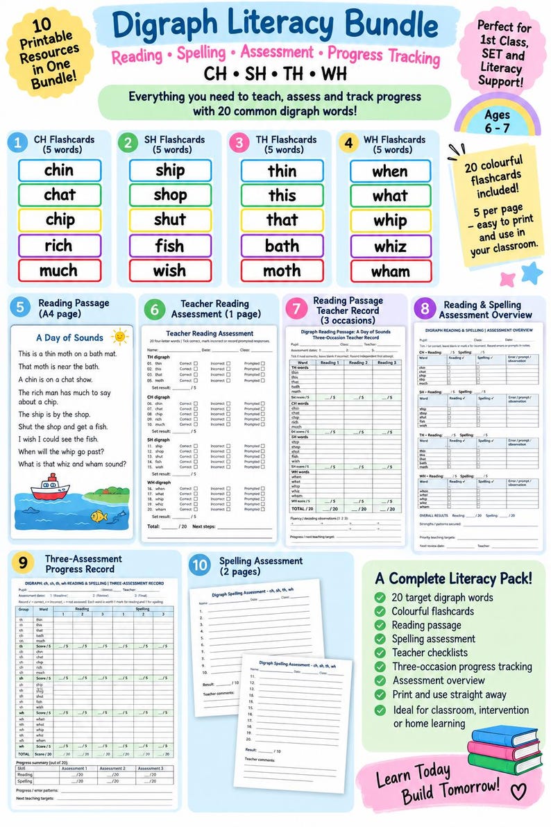 Sh Digraph Homework Task Digraph Reading & Spelling Assessment Bundle | Ch, Sh, Th, Wh | Phonics ...