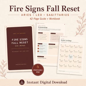 Może przedstawiać: 42-stronicowy cyfrowy przewodnik i zeszyt ćwiczeń zatytułowany Fire Signs Fall Reset dla znaków Barana, Lwa i Strzelca. Dokument zawiera sekcje dotyczące relacji, kartę bingo z listą zadań oraz ćwiczenia dotyczące rozwoju osobistego.