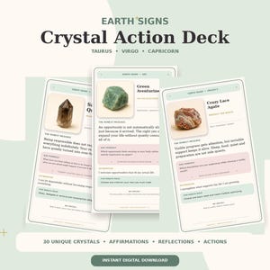 Könnte beinhalten: Ein Kartenset Earth Signs Crystal Action Deck für Stier, Jungfrau und Steinbock. Die Karten zeigen Bilder von Kristallen wie grüner Aventurin und Crazy Lace Achat sowie Textabschnitte mit den Titeln The Honest Message, Ask Yourself und Affirmation.