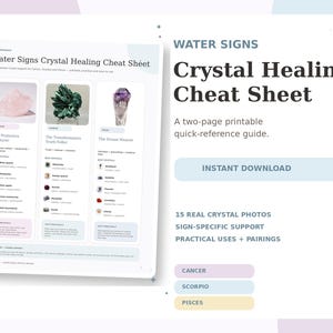 May include: A Water Signs Crystal Healing Cheat Sheet printable guide featuring 15 crystal photos, sign-specific support, and practical pairings for Cancer, Scorpio, and Pisces. The document includes text headers, lists of crystals, and descriptions.