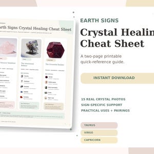 May include: A two-page Earth Signs Crystal Healing Cheat Sheet printable guide featuring photos of rose quartz, fluorite, and garnet crystals. The document includes sections for Taurus, Virgo, and Capricorn, listing specific crystals, their properties, and practical uses for each sign.