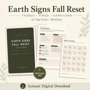 Könnte beinhalten: Ein 42-seitiger Earth Signs Fall Reset Leitfaden und Arbeitsbuch für Stier, Jungfrau und Steinbock. Das Set enthält ein dunkelgrünes Deckblatt, ein Arbeitsblatt zu Beziehungen und eine Bucket-List-Bingo-Seite mit Text und PDF-Label.