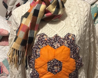 Gorgeous upcycled sweater with poofy grandmas flower garden quilt!