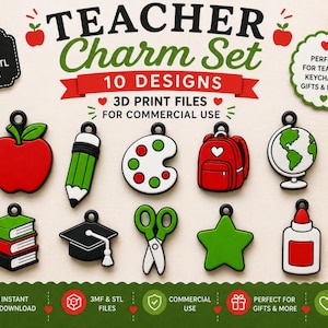 Pode incluir: Um conjunto de 10 pingentes com tema escolar, incluindo designs de maçã, lápis, paleta de pintura, mochila, globo, livros, capelo, tesoura, estrela e cola. O texto diz Teacher Charm Set 10 Designs 3D Print Files.