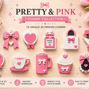 May include: A collection of 10 pink and white 3D printed charms featuring designs of a bow, heart, perfume bottle labeled PARIS LOVE, handbag, tulips, hand mirror, teacup, mug, cupcake, and a beaded frame, with the text PRETTY & PINK CHARM COLLECTION.
