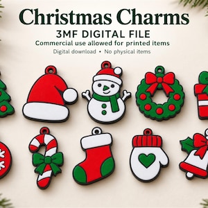 May include: A set of ten colorful Christmas charms in a 3MF digital file format. The charms feature icons including a tree, Santa hat, snowman, wreath, gift, ornament, candy cane, stocking, mitten, and bells. Text reads Christmas Charms.