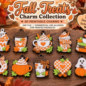 May include: A collection of ten 3D printable charms featuring fall-themed designs including ghosts, pumpkins, coffee cups, and donuts in orange, white, and brown. The text reads Fall Treats Charm Collection, 3D Printable Charms, 3MF File, Commercial Use Allowed For Printed Products, 10 Designs Included, Print Create Sell, and Sweater Weather & Happy Makers.