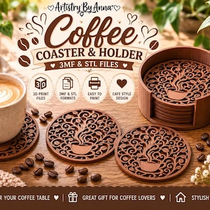 Puede incluir: Un juego de posavasos de café circulares impresos en 3D de color marrón con un intrincado diseño recortado de una taza de café humeante y granos de café, junto con un soporte cilíndrico a juego que almacena hasta 10 posavasos.
