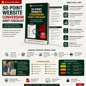 Op de afbeelding: Een digitale gids met een 50-punten checklist voor websiteconversie-audits, voorzien van een donkergroene omslag met een klembord- en vergrootglasicoon. Het document bevat 10 categorieën voor website-optimalisatie, een scoresysteem en recensies.