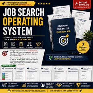 May include: A digital job search operating system bundle featuring a dark blue spiral-bound notebook with the text YOUR PLAN. YOUR SYSTEM. YOUR NEXT JOB. and a target icon. Includes seven printable checklists, trackers, and worksheets for career management.