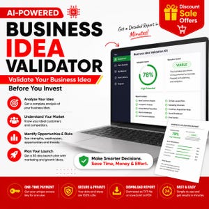 Op de afbeelding: Een digitale tool voor het valideren van zakelijke ideeën, weergegeven op een laptopscherm en een geprint rapport. De afbeelding bevat rode en witte tekst, waaronder AI-POWERED BUSINESS IDEA VALIDATOR en Make Smarter Decisions.