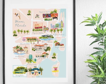Miami, Florida Map print feat. Little Havana, Miracle Mile, Vizcaya, Jungle Island, Art Deco Dist., Coco Walk, Everglades, Pérez Art Museum