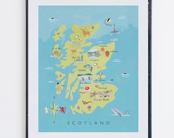 Scotland Illustrated Map Print, Glasgow, Edinburgh, Dundas Castle, Islay, Isle of Skye, Loch Ness, Strathisla
