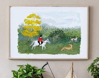 Equestrian Fox Hunt Painting, Digital Print