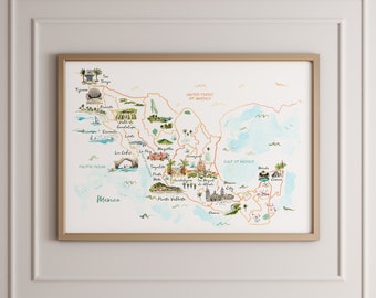 Mexico Map Print feat. Cancun, Merida, Oaxaca, Mexico City, San Miguel, Puerto Vallarta, Punta Mita, Los Cabos, La Paz & more