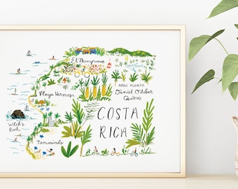 Costa Rica Illustrated Map Print, Witch's Rock, El Mangroove, Playa Hermosa, Tamarindo