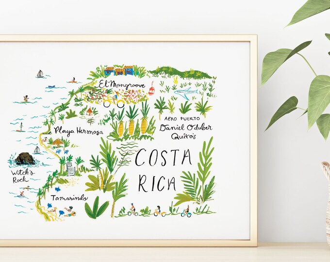 Costa Rica Illustrated Map Print, Witch's Rock, El Mangroove, Playa ...