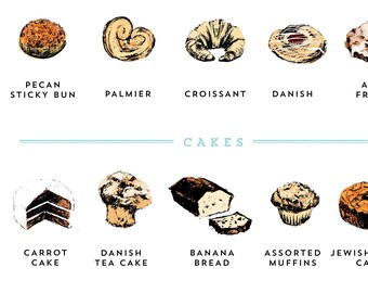 Pastry Menu Illustrated Print; Cookies, Brownies, Cake, Croissant, & More