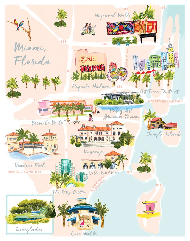 Miami, Florida Map print feat. Little Havana, Miracle Mile, Vizcaya, Jungle Island, Art Deco Dist., Coco Walk, Everglades, Pérez Art Museum image 2