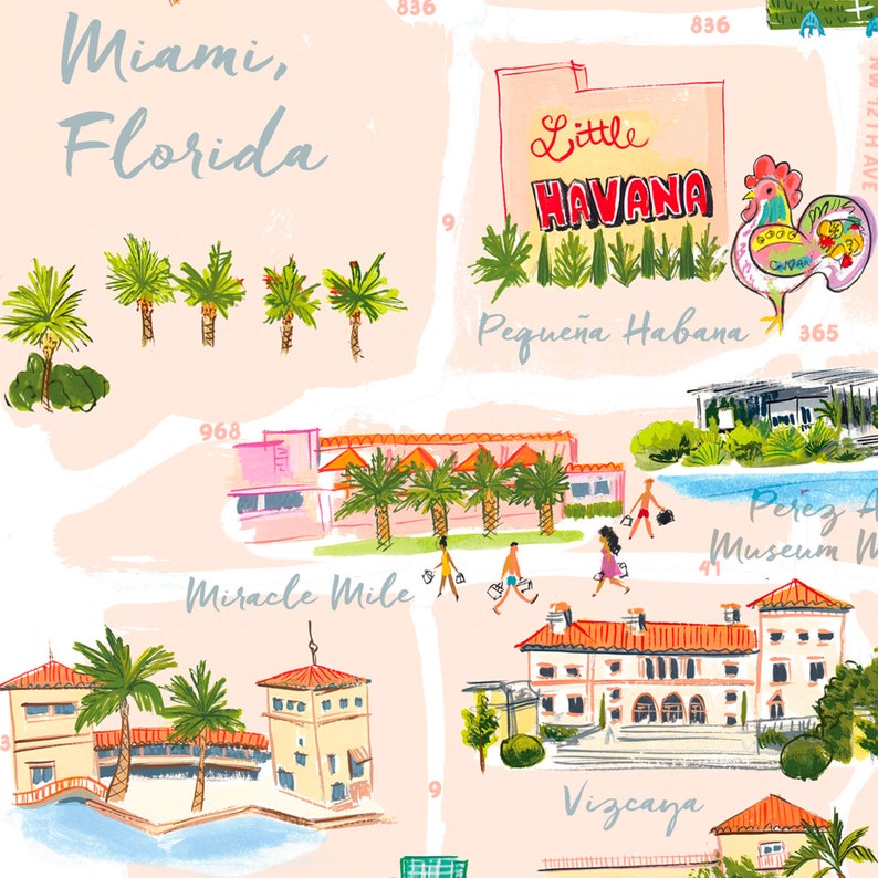 Miami, Florida Map print feat. Little Havana, Miracle Mile, Vizcaya, Jungle Island, Art Deco Dist., Coco Walk, Everglades, Pérez Art Museum image 3