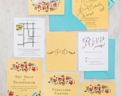 Custom Wedding Stationery // illustrated wedding invitation, rsvp, Info card and table names // Butter and Teal