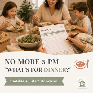 May include: A white paper meal plan sheet with a grid for breakfast, lunch, snacks, and supper. The text reads NO MORE 5 PM WHAT'S FOR DINNER? Printable + Instant Download. A small icon shows a plate with food and a fork next to a logo.