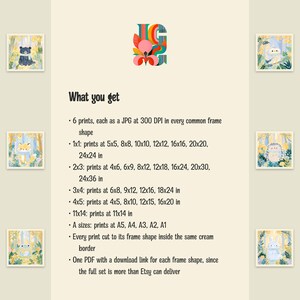 Peut inclure: Un ensemble de t&eacute;l&eacute;chargements num&eacute;riques comprenant six illustrations carr&eacute;es d'animaux des bois, dont un ours, un renard, une grenouille, un hibou, un h&eacute;risson et un lapin, portant chacun une &eacute;charpe bleue. Le texte liste les formats et tailles.