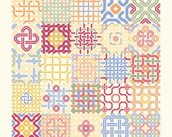 Mosaicos continuos de cintas entrelazadas | 25 patrón de cestería | Patrón retro crema, amarillo y verde | PNG SVG | Uso comercial