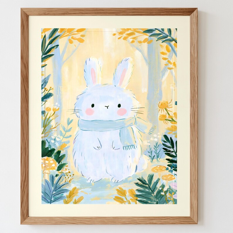 Peut inclure: Une impression d'art encadr&eacute;e repr&eacute;sentant un lapin blanc duveteux aux joues roses portant une &eacute;charpe bleu clair. Le lapin est centr&eacute; dans un d&eacute;cor de for&ecirc;t avec des arbres jaunes, du feuillage vert et des petits champignons, sous cadre en bois clair.